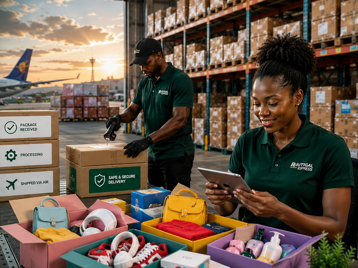 A customer using a tablet beside colorful online-shopping packages while a warehouse employee processes shipments
